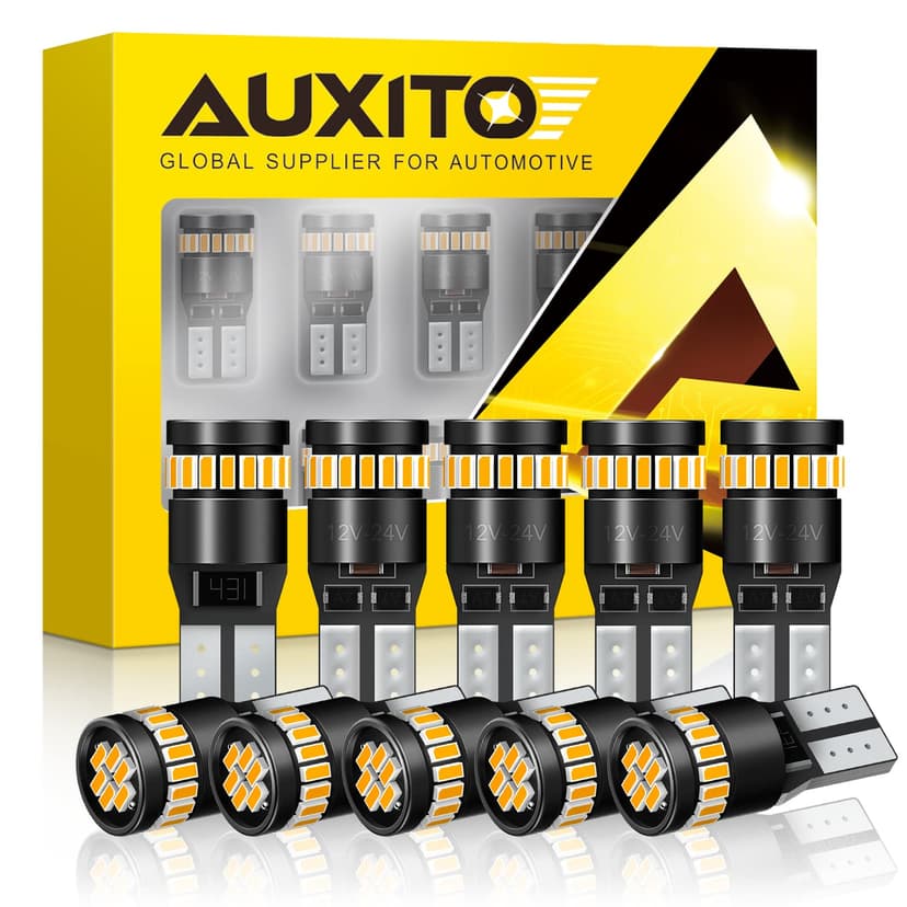 AUXITO 194 LED Light, Amber Yellow 168 2825 W5W T10 Wedge LED Replacement Light Kit Error Free for Car Dome Map Door Parking License Plate Marker Lights, Pack of 10