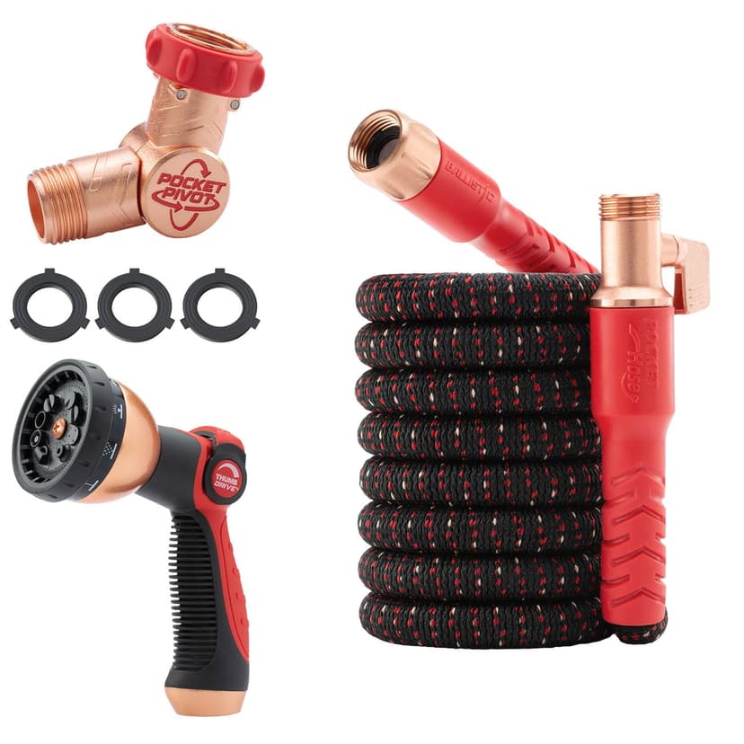 Pocket Hose Ballistic 25 FT Expandable Garden Hose, No-Kink, As Seen on TV | Anti-burst sleeve reinforced with bulletproof fiber, 360° swiveling pocket pivot connector, lightweight compact design