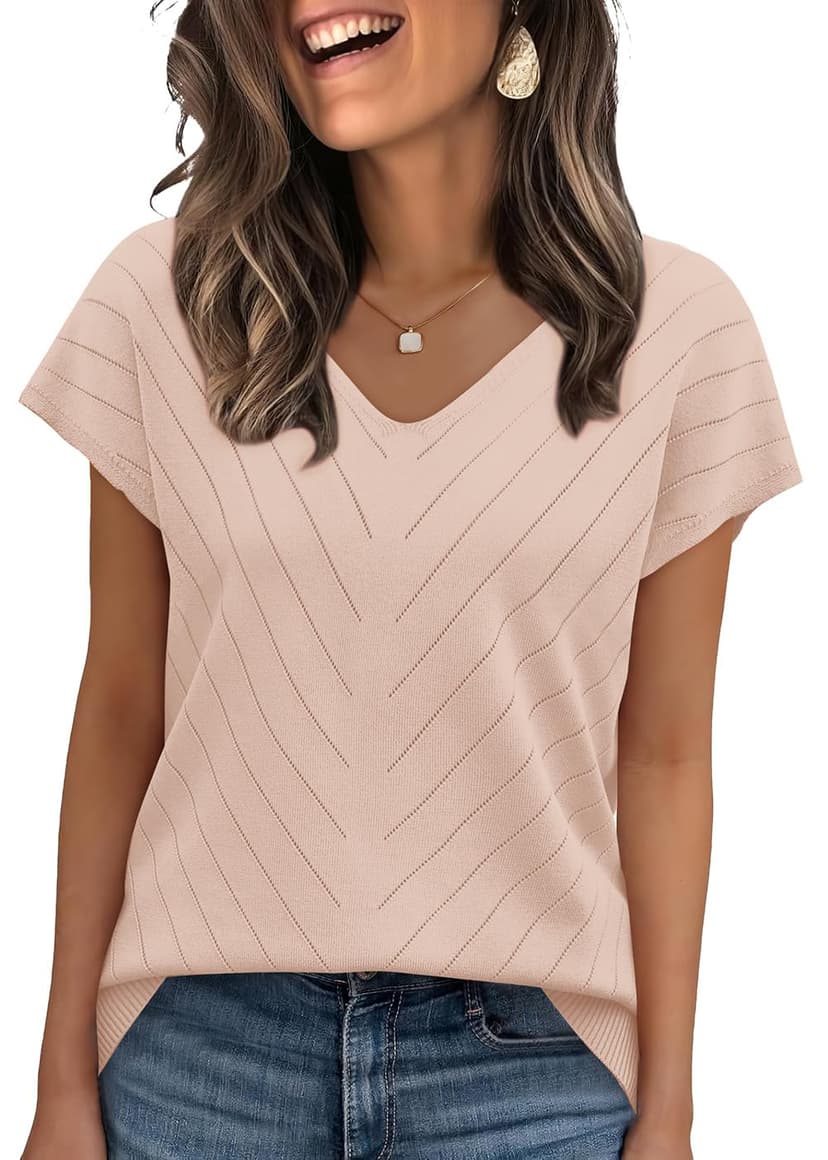 WIHOLL Short Sleeve Sweater for Women V Neck Trendy Summer Tops 2026 Beach Vacation Clothes Travel Business Casual Outfits