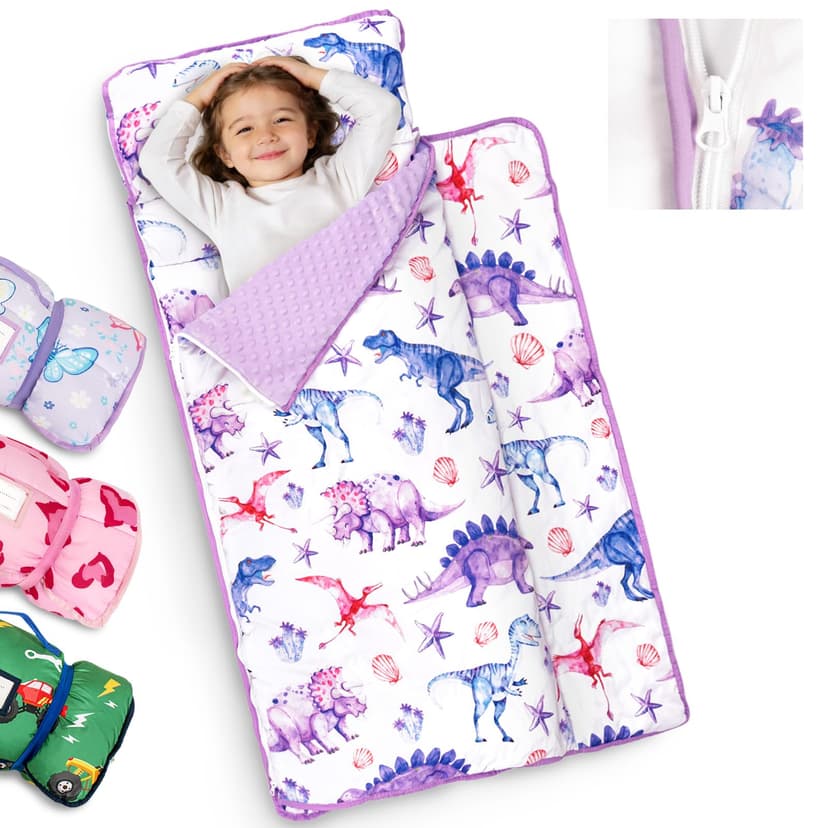 Primlect Toddler Nap Mat with Pillow, Thickened Extra Large Sleeping Bag | 55''x35'' Sleeping Mat with Detachable Blanket, Washable, Roll up, Perfect for Daycare, Preschool, Kindergarten, Dinosaur