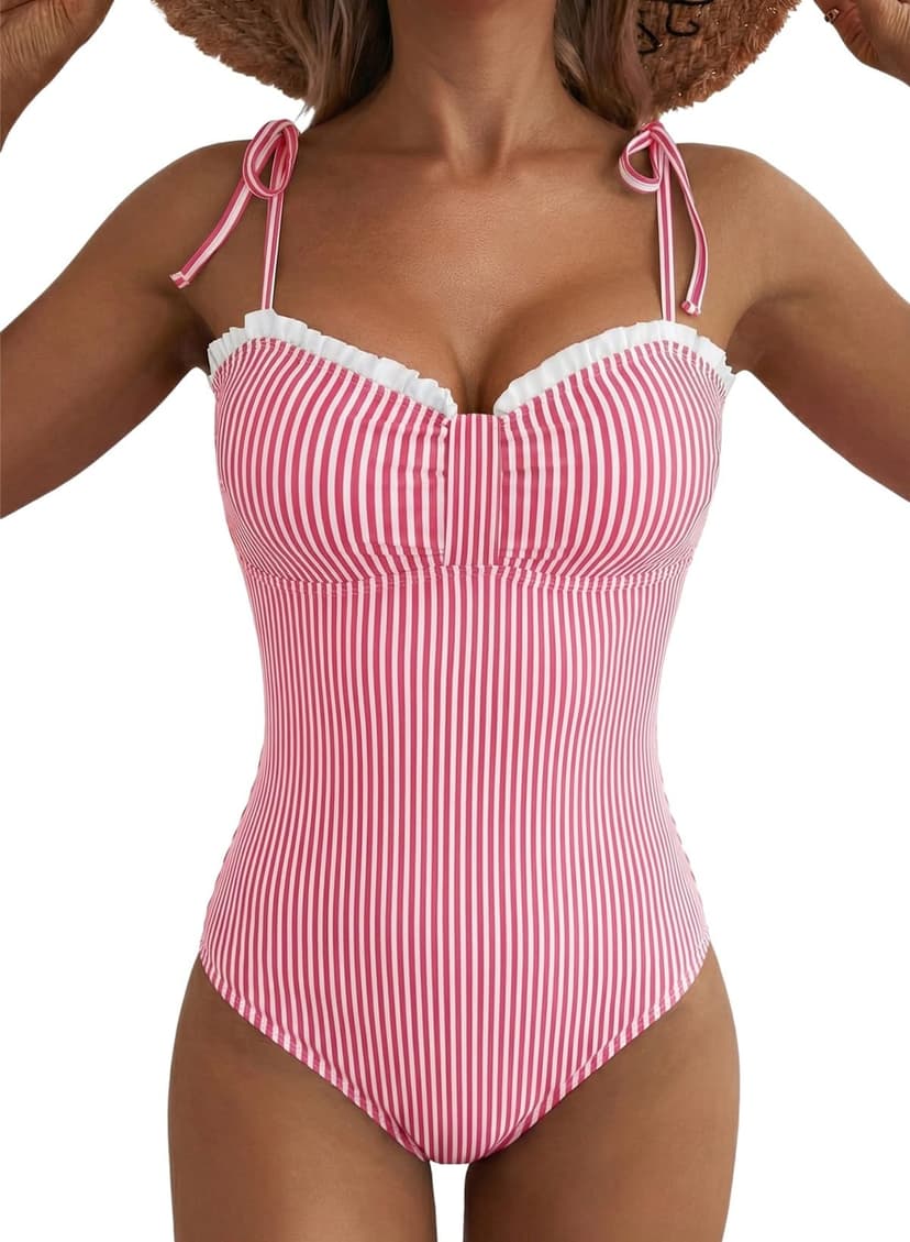 Herseas Women’s Striped One Piece Swimsuits Tie Shoulder High Cut Tummy Control Bathing Suit 2026 Summer Beach Swimwear
