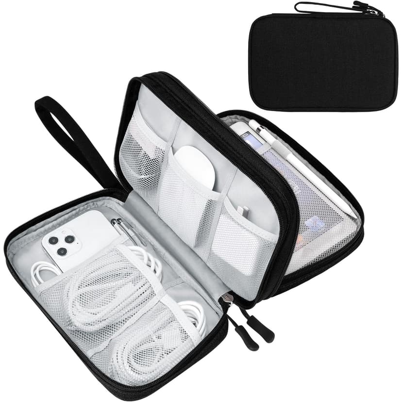 FYY Electronic Organizer, Travel Tech Pouch Bag, Large, Black | Wrist Strap, Waterproof, Double Layers Portable Electronics Travel Carrying Case for Cord, Charger, Daily Business Trips Use
