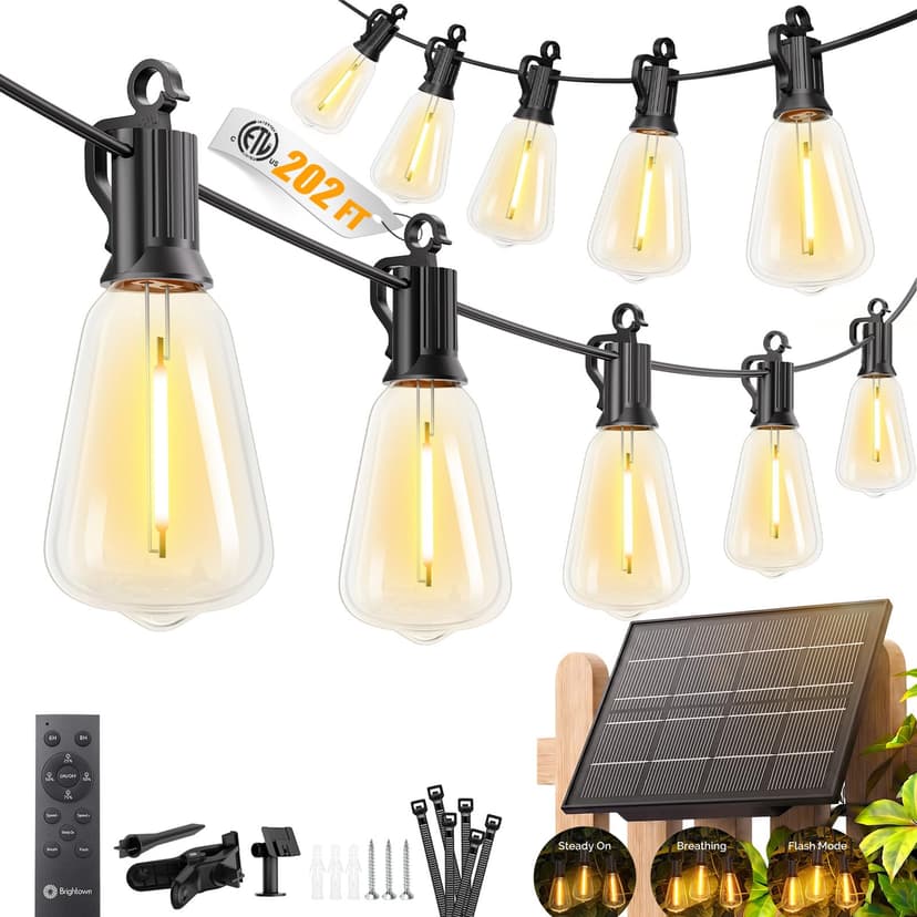 Brightown 202FT Solar String Lights Outdoor Waterproof, 26Hrs Runtime | 65+2 LED Bulbs, USB & Solar Powered, Remote Control & Dimmable Timer, Ideal for Backyard, Garden, Camping & Party Decor