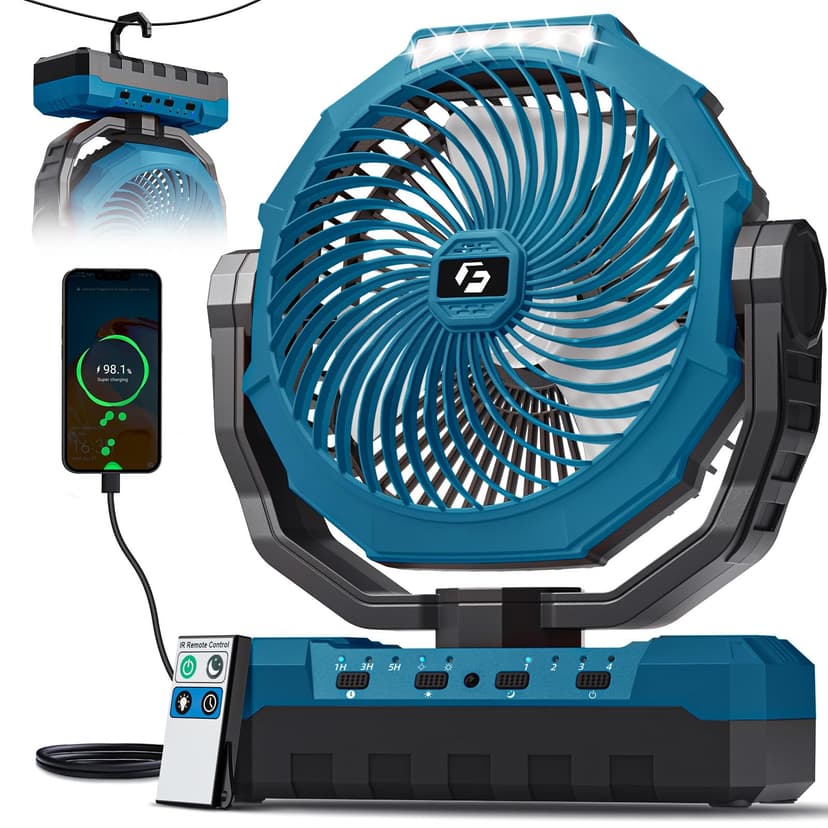 FRIZCOL 3-in-1 Camping Fan - Portable Fans Rechargeable - 24000mAh Battery Powered Fan with Light for Indoor, Outdoor, Tent, Travel, Fishing, Jobsite, Gifts for Men Dad Him - Blue