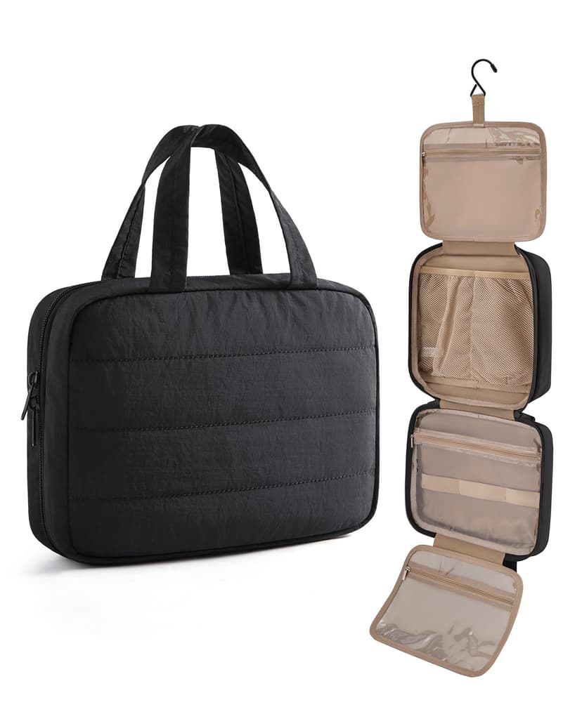 LIGHT FLIGHT Travel Toiletry Bag - Hanging Makeup Organizer for Women & Men | Portable Hanging Organizer for Travel-Sized Shampoo, Full-Sized Toiletries, Brushes Set, Makeup Accessories, Black