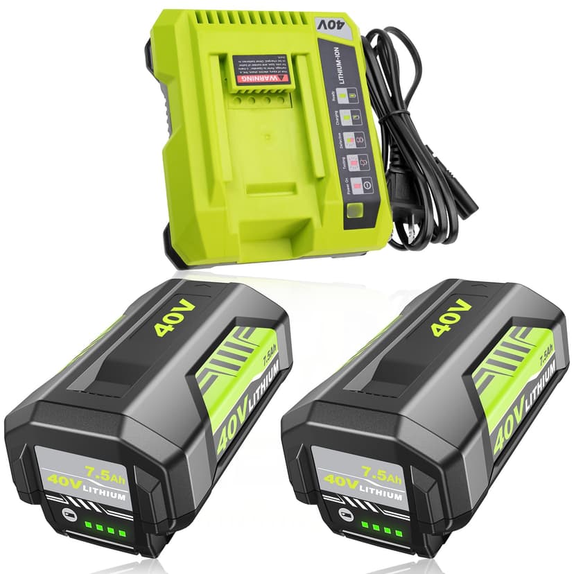 2Pack High Capacity 7500mAh OP40261 Replacement for Ryobi 40V Battery Lithium and OP401 Charger Compatible with Ryobi 40 Volt Battery OP4050 OP4040 OP40401 OP40201 OP40601 Cordless Power Tools