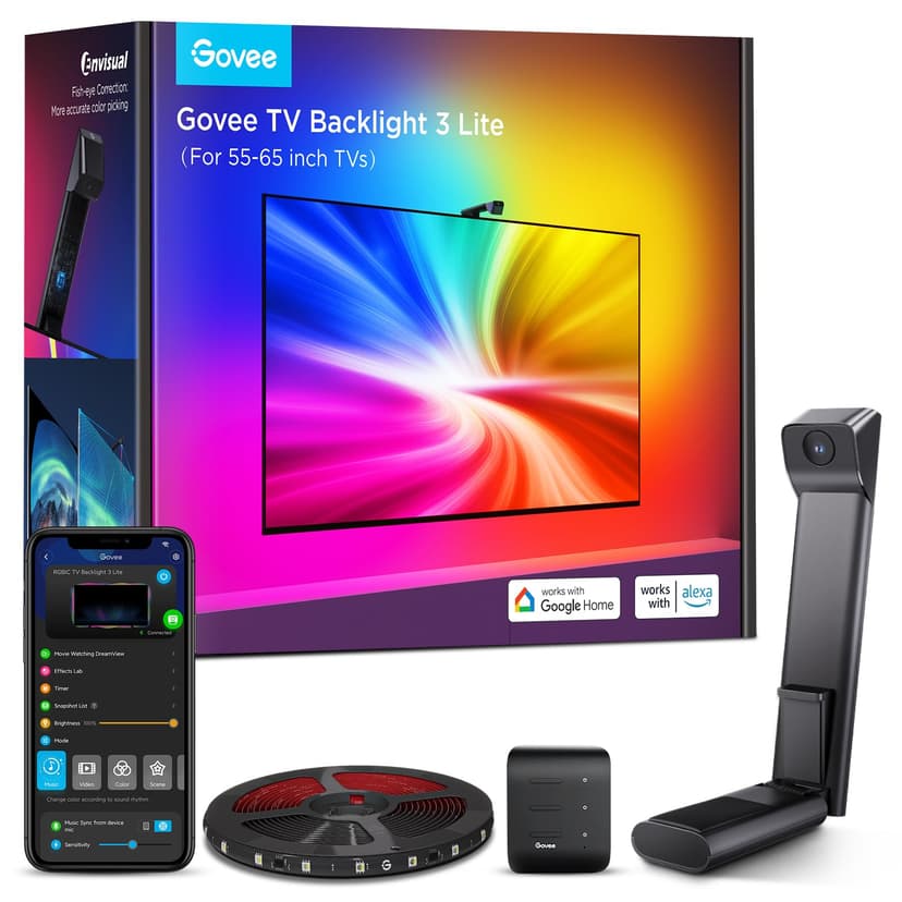 Govee TV Backlight 3 Lite, 11.8ft LED Strip Lights Sync with 55-65 Inch TVs | Upgraded Camera with Fish-Eye Correction Function, RGBICW Screen Sync Lighting, 4 Colors in 1 Lamp Bead, Voice & APP Contr