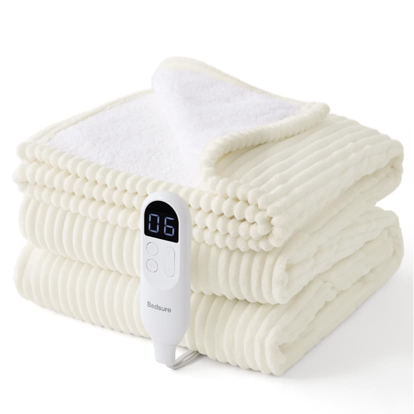 Bedsure Ribbed Electric Blanket Twin, Coconut White Heated Blanket, Preheat | Fast Heating, 6 Heat & 6 Timer (Up to 10H) Settings, 8 Hours Auto-Off, ETL & FCC, Flannel Sherpa, Gifts for Grandma, 62"x8