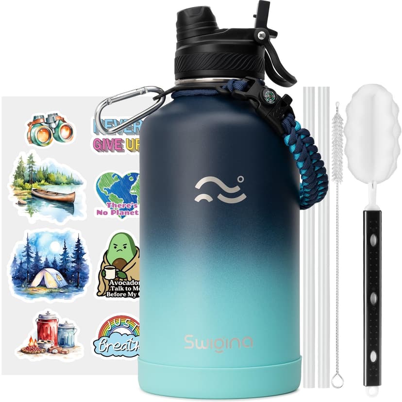 Swigina [2-IN-1 LID] 64 oz Insulated Water Bottle with Silicone Boot (48hrs Cold/24hrs Hot) - DIY Stickers, Leakproof, BPA Free, Half Gallon