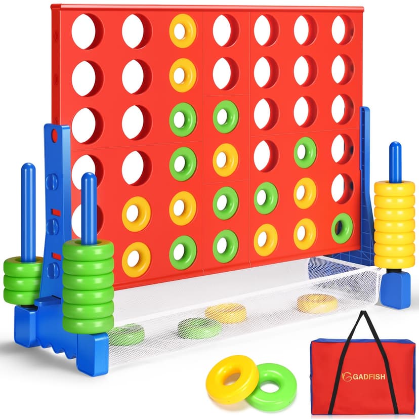 GADFISH Giant 4 in A Row - 2.6 FT Tall Outdoor 4 in A Row Perfect for Indoor & Outdoor Use, 4-to-Score Giant Game Set for Kids & Adults, with 42 Jumbo Rings & Quick-Release Slider (Red & Blue)