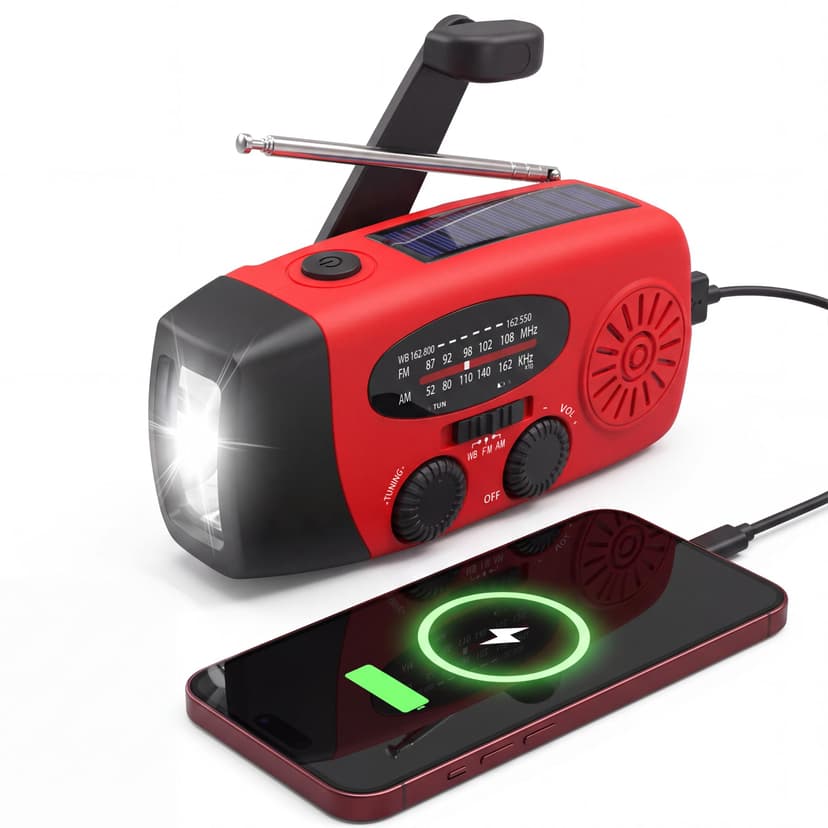 Hand Crank Radio with LED Flashlight,2000mAh NOAA AM FM Emergency Radio | Cranked,Solar Power,USB-C Charger,Lightweight & Compact,Portable Radio,Bright LED Flashlight,for Power Outage,Emergencies,Red