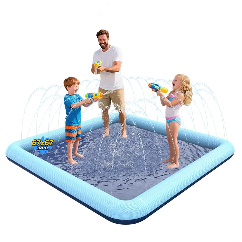 VISTOP Non-Slip Splash Pad for Kids and Dog, Thicken Sprinkler Pool Summer Outdoor Water Toys - Fun Backyard Fountain Play Mat for Baby Girls Boys Children or Pet Dog (67 * 67 inch, Blue&Blue)