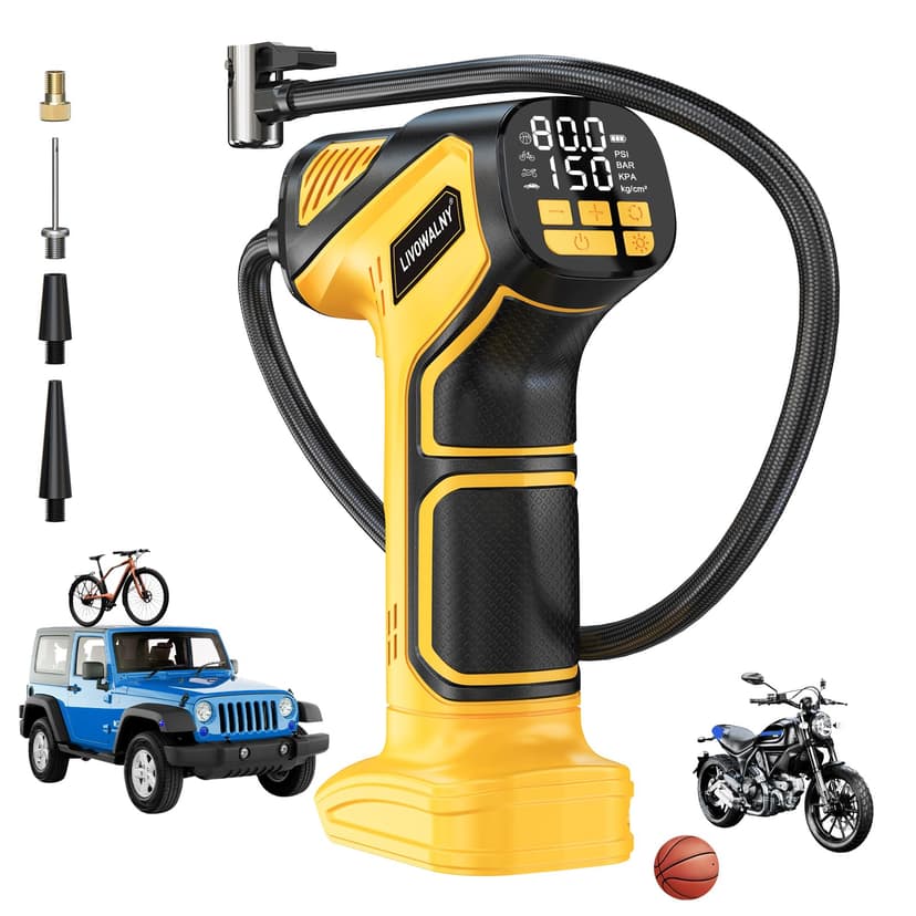Tire Inflator Portable Air Compressor Compatible With Dewalt 20V Battery, LIVOWALNY 150PSI Air Pump Cordless Tire Pump Digital Pressure Gauge, Tire Inflator for Car, Bike, Motorcycle (Tool Only)