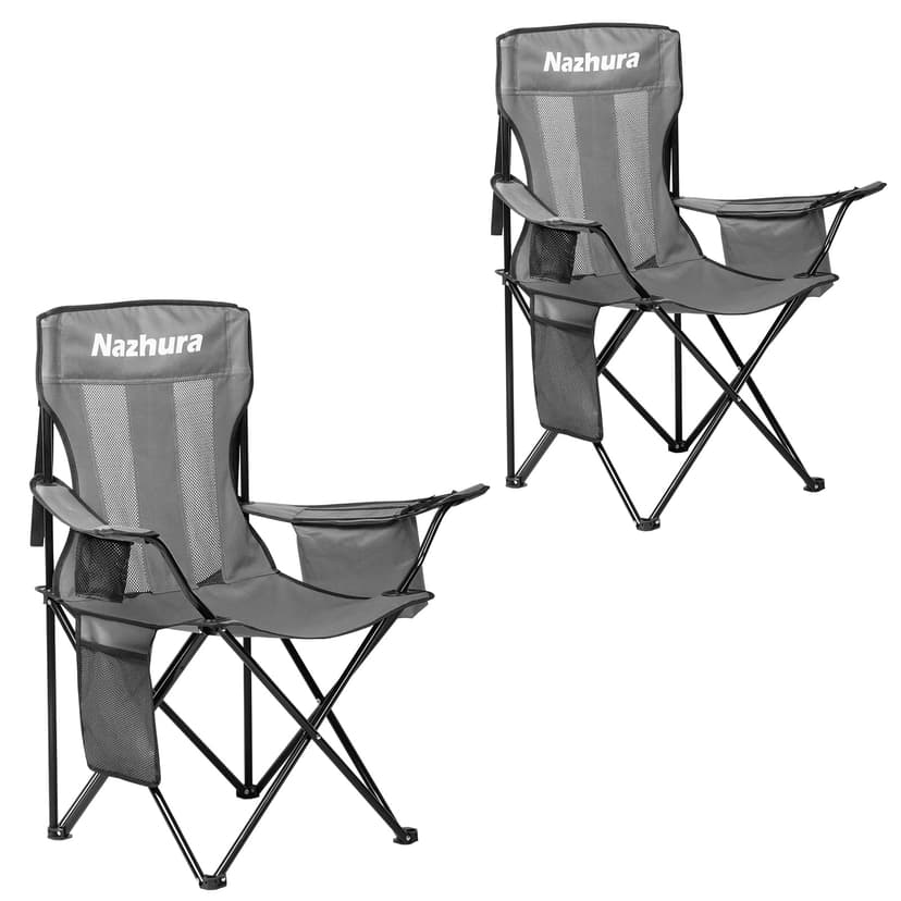 Nazhura 2 Pack Outdoor Camping Chairs Folding/Foldable/Portable with Cooler Pouch, Mesh Backrest and Cup Holder Pocket(Grey, 2 Pack)