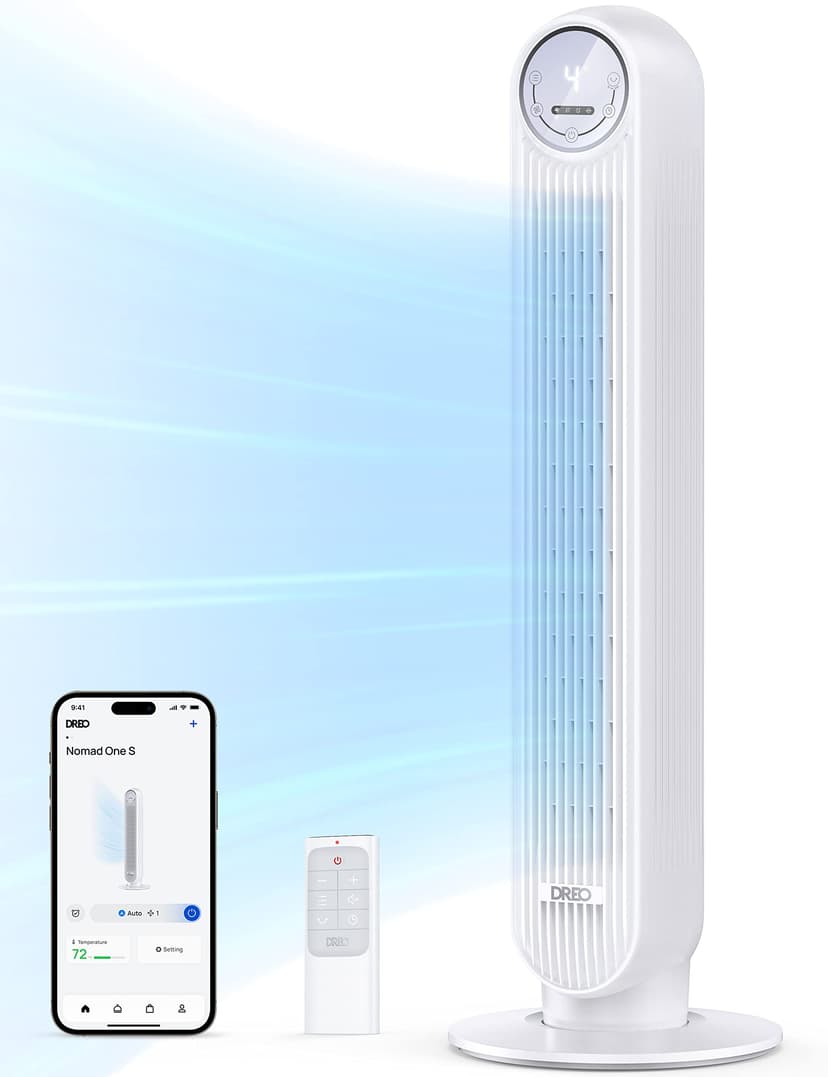 DREO Tower Fan for Bedroom, 2026 Upgraded DC Motor, 28ft/s Smart Standing Fans, 90° Oscillating Floor Fan with 20dB Ultra Quiet, 8 Speeds 4 Modes, 8H Timer, Bladeless, Remote, WiFi Voice Control