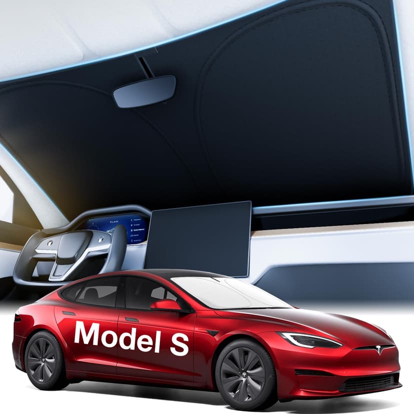 2026 Upgraded Accessories Tesla Model S Windshield Sunshade [Ice Shield Tech Fabric, 100% Sun Blockage], Foldable Heat Insulation Sunshade with Storage Bag, for Tesla Model S 2016~2026, Silver Coating