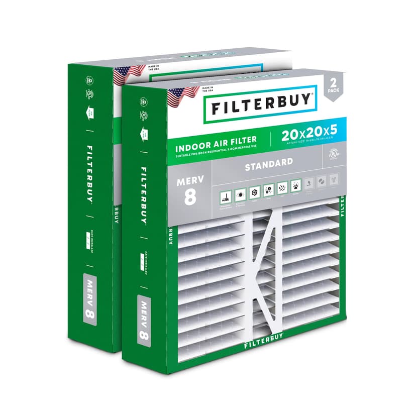 Filterbuy 20x20x5 Air Filter MERV 8 Essential Dust & Allergy Defense (2-Pack), Pleated HVAC AC Furnace Filters for Honeywell FC100A1011, Lennox X0585, and More (Actual Size: 19.63 x 19.88 x 4.38)