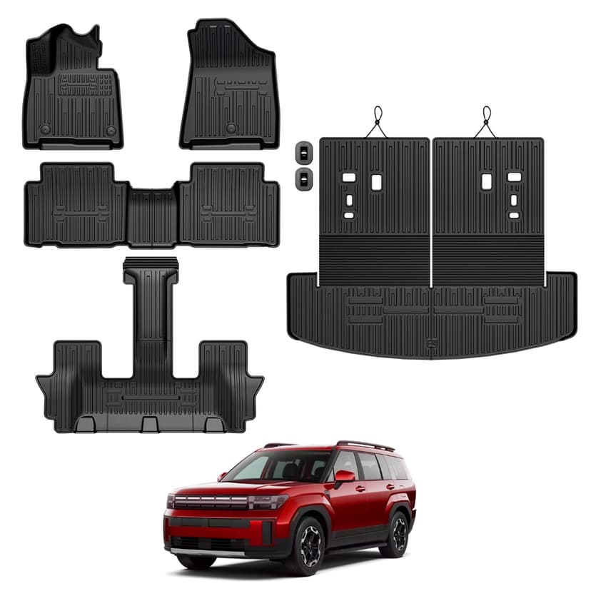 GALVAGNITE Floor Mats for 2024-2026 Hyundai Santa Fe 6/7-Seat Accessories | Full-Coverage Set with Integrated Cargo Liner & Backrest Protector, Odorless & Durable, All-Weather Protection, 3D Laser Fit