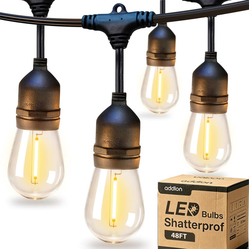 addlon LED Outdoor String Lights 48FT Edison Vintage Weatherproof ETL | Commercial Grade Strand with Shatterproof Bulbs, Decorative Hanging Lights for Patio Backyard Garden Cafe Bistro Deck