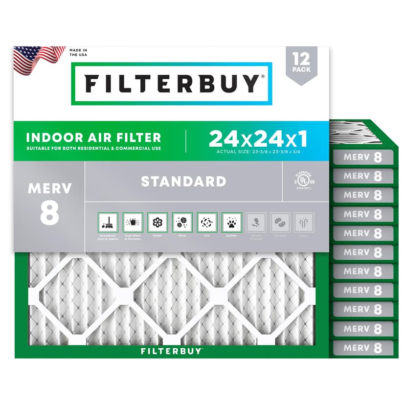 Filterbuy 24x24x1 Air Filter MERV 8 Dust & Allergy Defense (12-Pack) | Electrostatic Pleated HVAC AC Furnace Filters Replacement, Made in USA (Actual Size: 23.38 x 23.38 x 0.75)