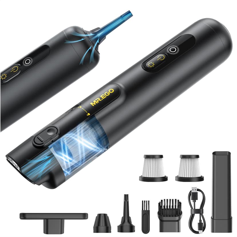 Mr.ego Car Vacuum Portable Cordless, 26000Pa High-Power Handheld Vacuum & Air Duster with Brushless Motor, Multi-Nozzles, Green LED Light & Washable Filter for Car, Home, Office Desk & Keyboards