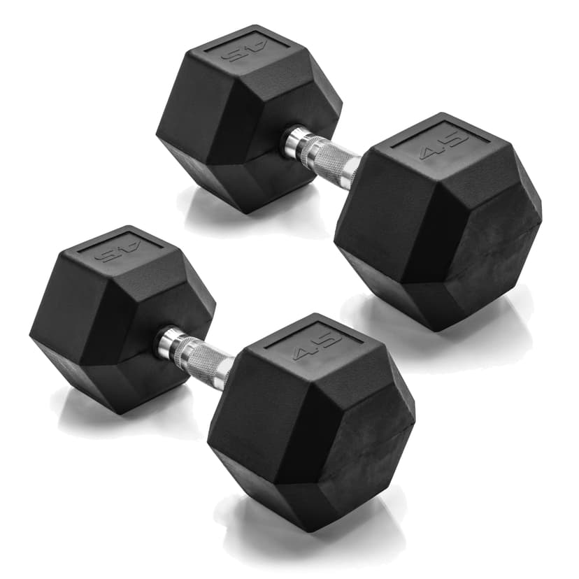 CAP Rubber Coated Dumbbell Weights, Free Weights for Home Gym Strength Training, Anti-Roll Hex Dumbbells with Black, Chrome & Comfort Grip Handles, Pairs & Sets