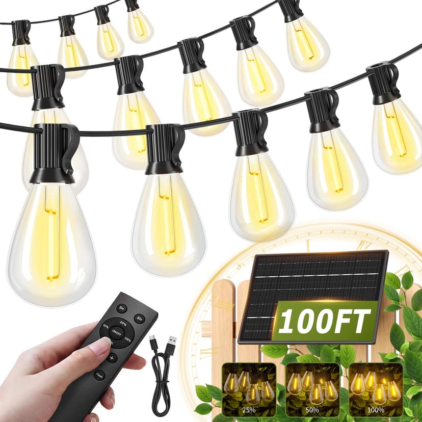 Amzrap 100FT Solar String Lights Outdoor Waterproof, 35+1 LED Shatterproof Bulbs Solar Powered with Remote & USB Port, 3 Light Modes Dimmable Patio Lights for Backyard, Garden, Camping
