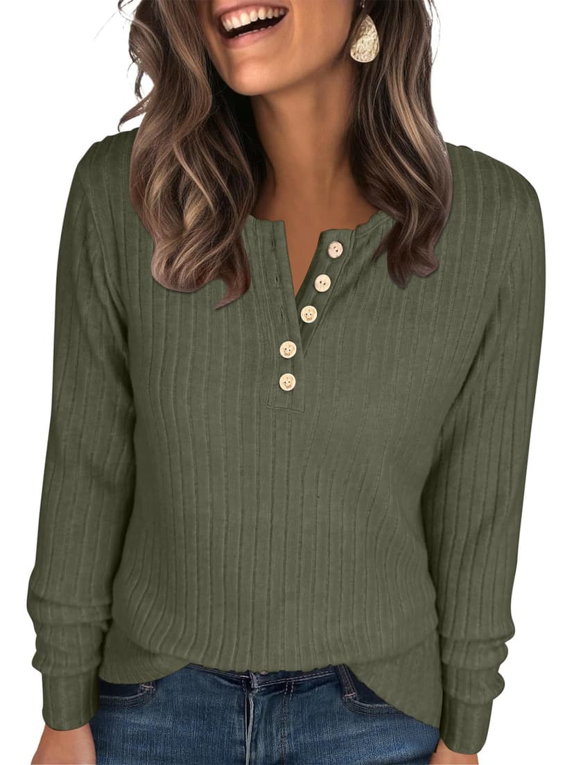 ANRABESS Ribbed Long Sleeve Henley Shirts for Women | Soft lightweight Sweaters, Loose Fit, Office Work Casual Daily Wear Tunic, 2026 Fall Winter Transition Outfits
