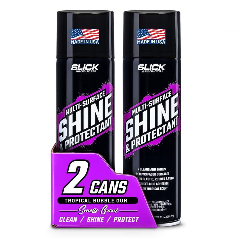 Slick Products Shine & Protectant High Gloss Coating Spray (2-Pack) | Shines, cleans, protects and renews plastic, vinyl, rubber, fiberglass, trim and tires; deep wet-look finish; UV protection