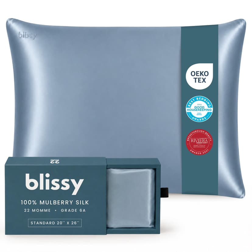 Blissy Silk Pillowcase - 100% Pure Mulberry Silk - 22 Momme 6A High-Grade Fibers - Silk Pillow Cover for Hair & Skin - Regular, Queen & King (Ash Blue, Standard)