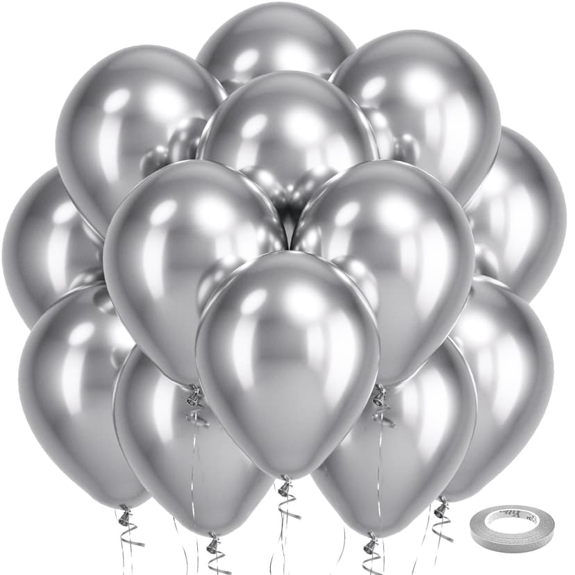 Bezente Silver Metallic Chrome Latex Balloons, 100 Pack 12 inch Silver Round Helium Balloons for Graduation Wedding Retirement Bridal Shower Birthday Bachelorette Engagement Party Decorations