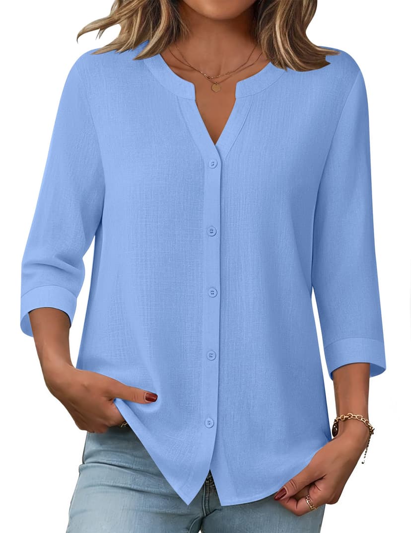 Zeagoo Button Down Shirts for Women 3/4 Sleeve Linen Cotton V Neck Tops Dressy Casual Loose Work Blouses