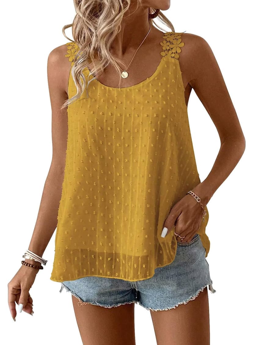 Womens Tank Tops Flowy Sleeveless Summer Boho Tank Top for Women Casual Crewneck Strap Lace Camisole Shirts