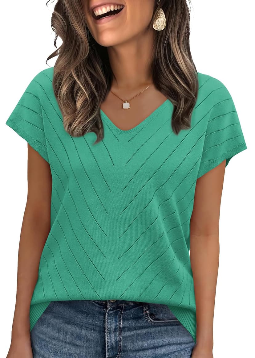 WIHOLL Short Sleeve Sweater for Women V Neck Trendy Summer Tops 2026 Beach Vacation Clothes Travel Business Casual Outfits
