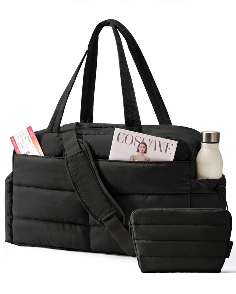 BAGSMART Gym Bag for Women, Lightweight Puffer Duffle Bag 2-PC Travel Bag, 31L Weekender Overnight Bag Quilted Carry On Tote Bag, Diaper Hospital Dance Bag for Travel, Gym, Water Resistant, Black