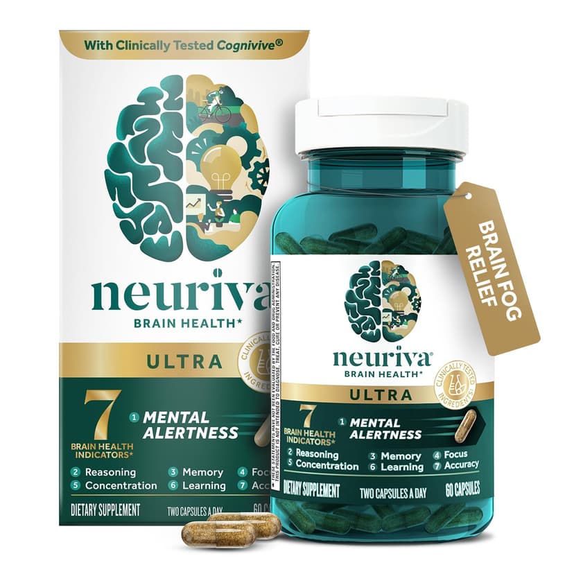 NEURIVA Ultra Brain Supplements for Memory and Focus, Phosphatidylserine, Cognivive, Neurofactor, Folic Acid, Vitamin B12 & Vitamin B6, 60 Count Capsules | Brain Supplements for Memory and Focus, Vita