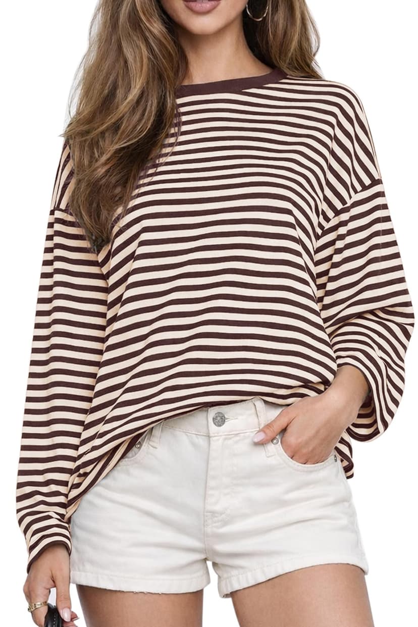 CHYRII Womens Oversized Striped Long Sleeve T Shirt Casual Fall Tops | Classic Stripes with Trendy Contrast,Crewneck Oversized Relaxed Fit,Versatile Everyday Top,Comfortable Fashion Y2K Clothes