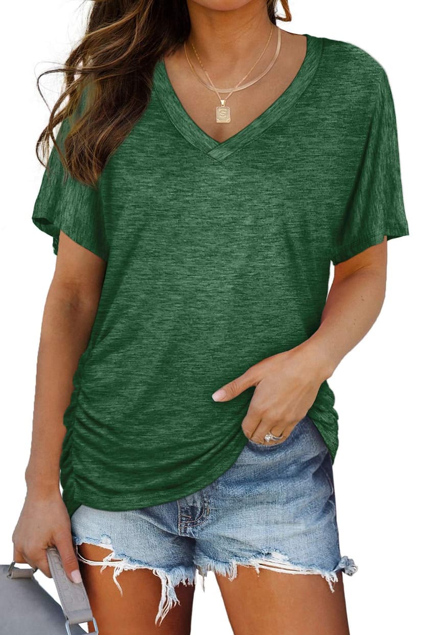 WIHOLL Womens Summer T-Shirts Short Sleeve V Neck Dolman Tops with Side Shirring Loose Fit Shirts Spring Fashion