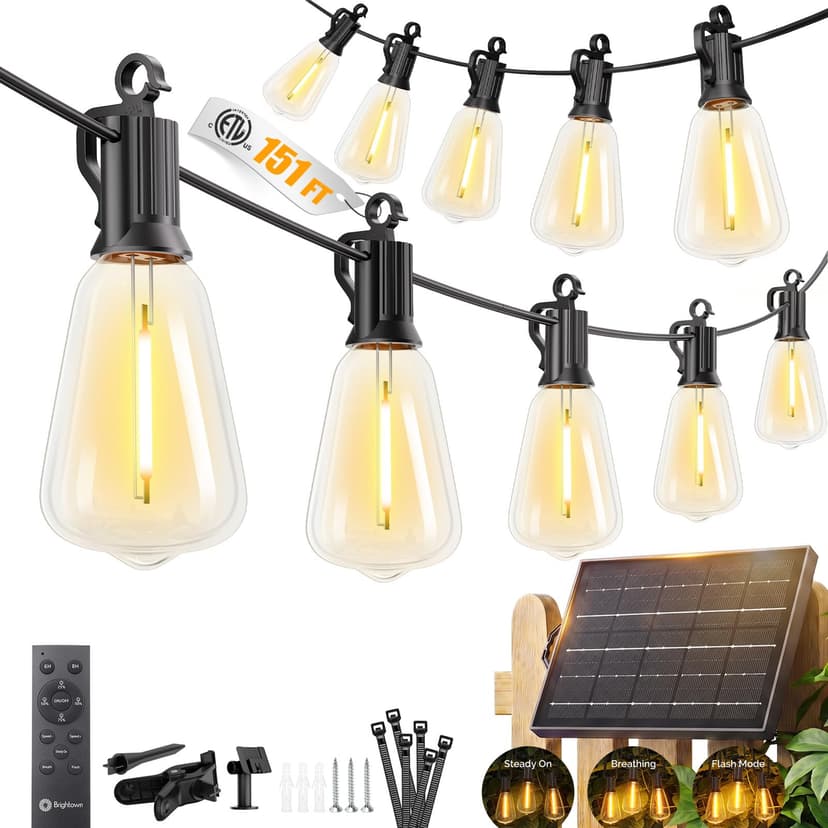 Brightown 151FT Solar String Lights Outdoor, 48+2 Shatterproof LED Lights | Waterproof, Remote Control, Dimmable, Timer, 3 Light Modes for Yard, Camping, Parties and Outdoor Decor