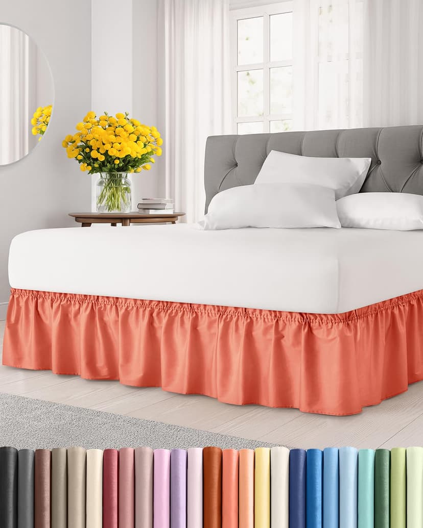 CGK Linens Wrap Around Dust Ruffle Bed Skirt - Full, 24" Coral | Easy Fit Elastic Strap, Adjustable Pleated Bedskirt w/Brushed Fabric, Wrinkle & Fade Free, for Women, Men, Kids & Teens