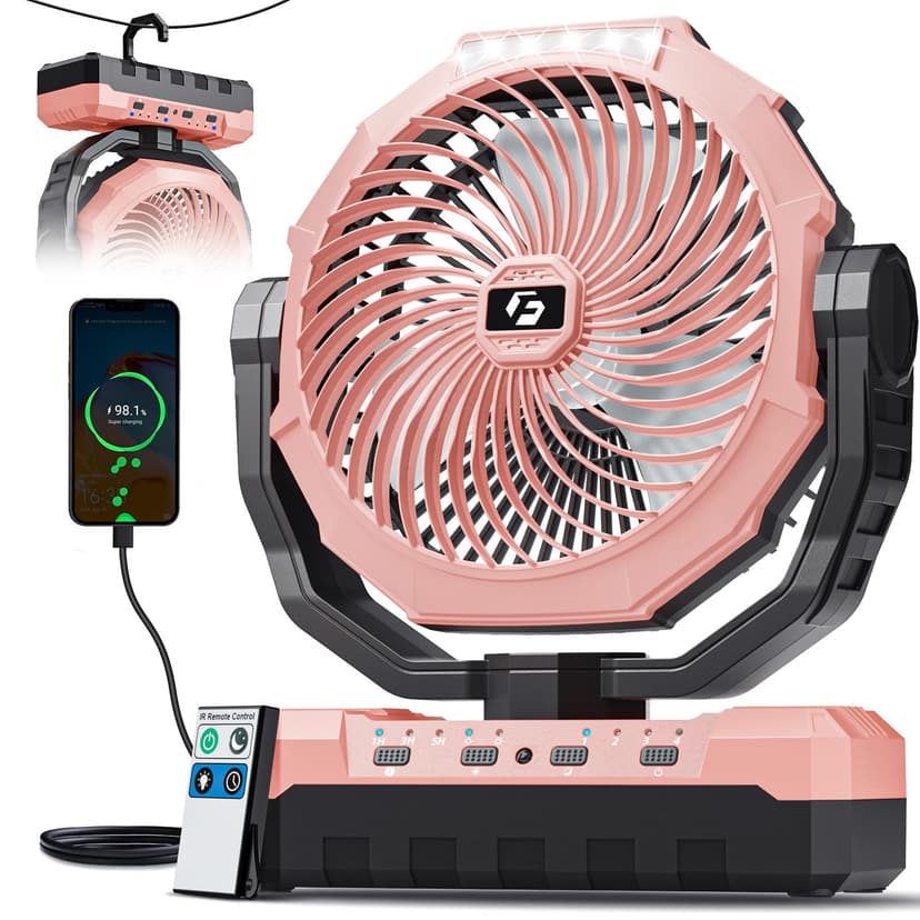 FRIZCOL 3-in-1 Camping Fan - Portable Fans Rechargeable - 24000mAh Battery Powered Fan with Light for Indoor, Outdoor, Tent, Travel, Fishing, Jobsite, Gifts for Men Dad Him - Pink