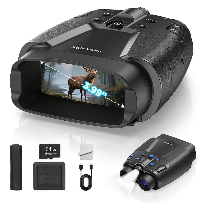 TELUHA Night Vision Goggles, 4K Night Vision Binoculars with 3.99" HD Screen, 10000mAh Rechargeable, 64GB Card Included for Wildlife Observation & Surveillance