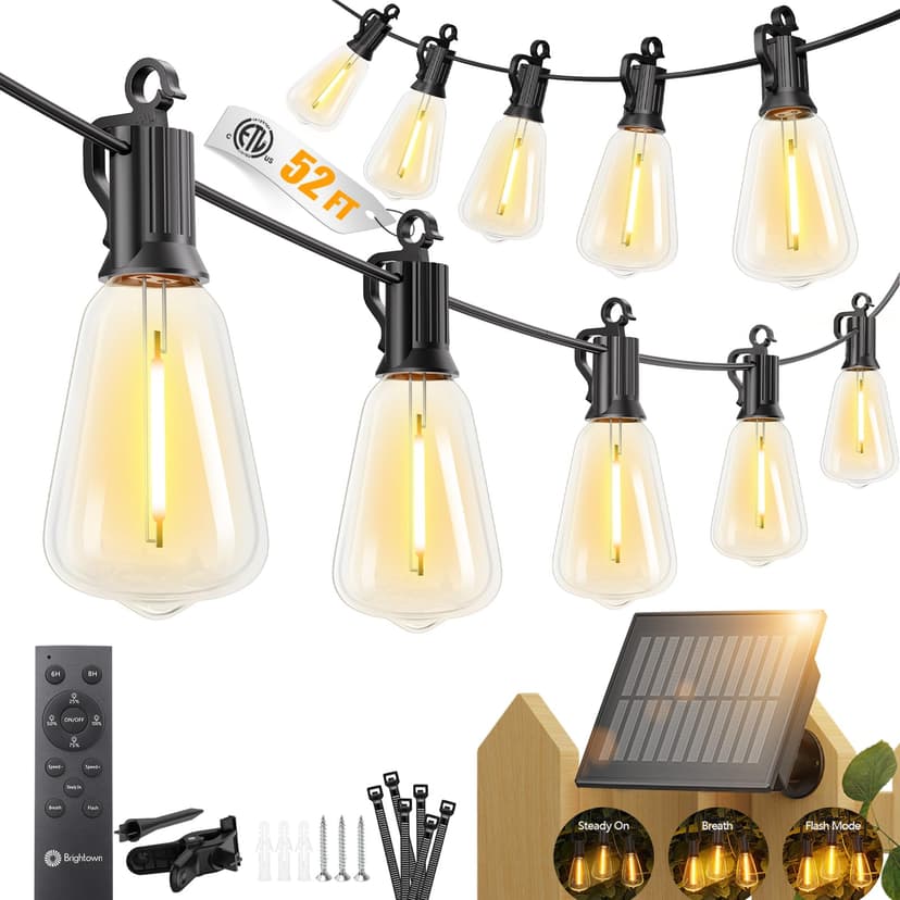Brightown 52FT Solar String Lights Outdoor Waterproof, Patio Lights with Remote and 15+1 LED Shatterproof Bulbs, Dimmable & Timable, 3 Light Modes, Solar Lights Outdoor for Yard Garden Camping Party
