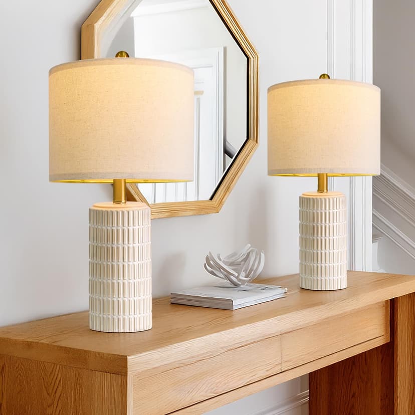 PoKat 20.75" Small Modern Ceramic Table Lamps Set of 2 for Bedroom, White Bedside Lamps for Night Stands, Farmhouse Desk Decor Gift Nightstand Table Lamps for Living Room End Table Beige