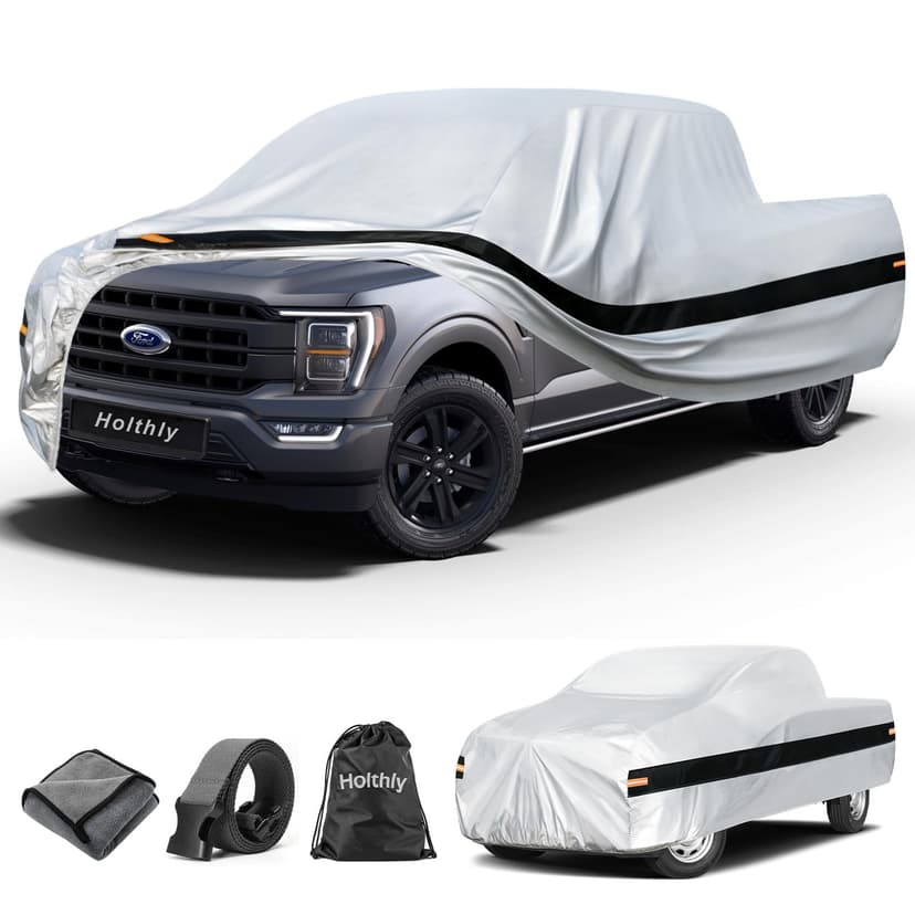 Holthly 10 Layers Truck Cover Waterproof All Weather Custom Fit Ford F-150(1997-2026) Super Cab&SuperCrew Short Bed, Outdoor Full Exterior Pickup Car Cover Sun Rain Snow Ice Protection. Sliver