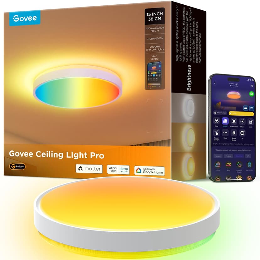 Govee Smart Ceiling Light 4300LM 15 Inch, RGBIC LED Ceiling Light Fixture Works with Matter, Flush Mount Light Fixture, DIY Colors, 2700K-6500K Dimmable for Bedroom, Living Room, 1 Pack