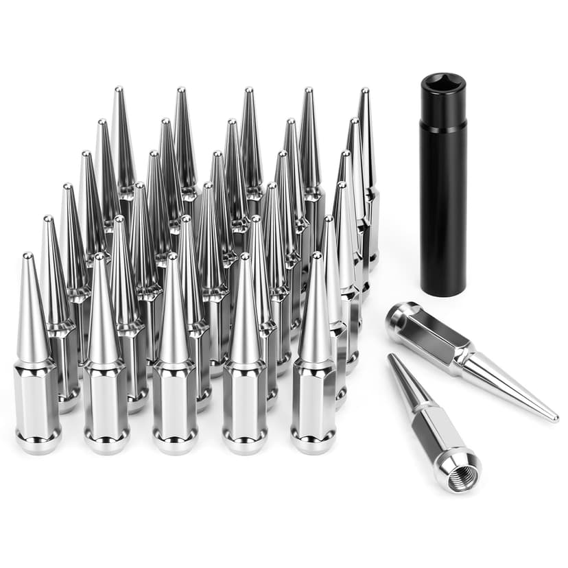 DYNOFIT 14mmx1.5 Spike Lug Nuts, 32PCS Chrome M14x1.5 Lug Nut, 4.4 inch Tall Closed End Nuts with 1 Socket Key Compatible with 1999-2026 Chevy Silverado 1500 GMC Sierra 2500HD,2003-2026 F250 F350
