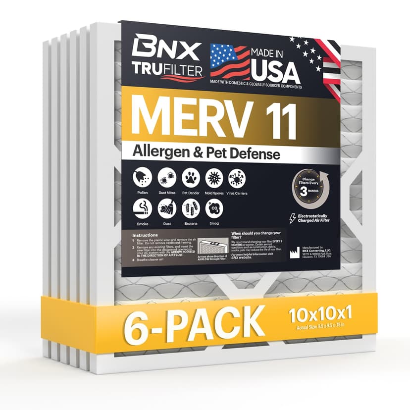 BNX TruFilter 10x10x1 Air Filter MERV 11 (4-Pack) - MADE IN USA - Allergen Defense Electrostatic Pleated Air Conditioner HVAC AC Furnace Filters for Allergies, Dust, Pet, Smoke, Allergy MPR 1200 FPR 7