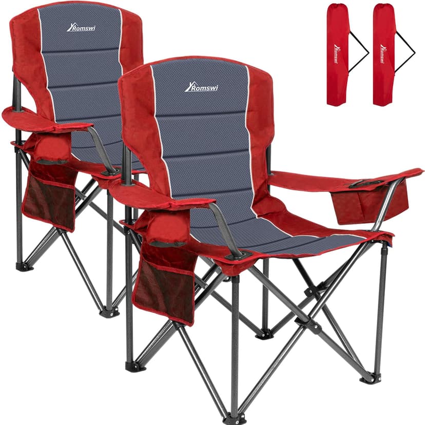 Romswi Oversized Camping Chairs,Heavy Duty Support 500 LBS,Padded Back & Arm Sport Chairs, Cup Holder Cooler Bag, Collapsible Folding Chairs for Outdoor, Fishing & Garden, Red,2-Pack