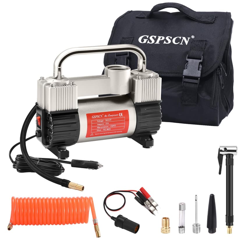 GSPSCN 12V Heavy Duty Tire Inflator Metal Portable Air Compressor Pump | 6X Faster Inflation Dual Cylinders 150PSI Air Pump with Adapter for Car, RV,Pickup Truck, SUV, Van,Camper, Air Bed,Ball